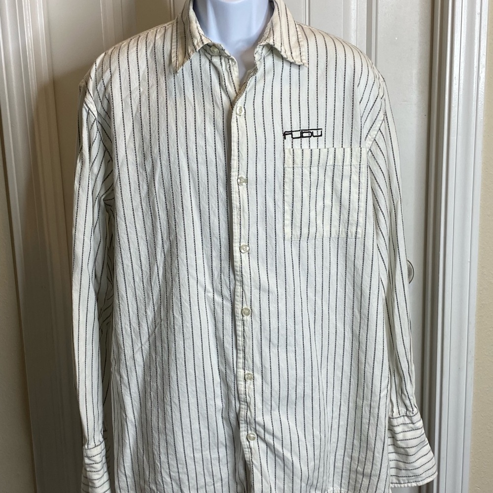 FUBU Collection Mens Button Up Long Sleeve Woven Shirt White Blue Stripe Size XL
